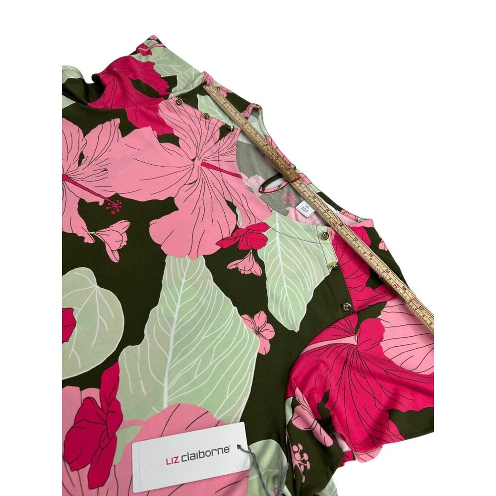 Liz Claiborne Womens XL Pink & Green Floral Print Top Short Sleeves Keyhole Back - Picture 9 of 11
